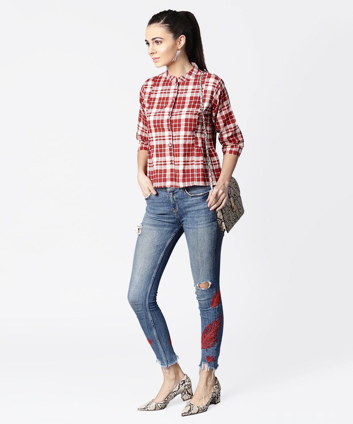Red Checked 3/4Th Sleeve Cotton Crop Tops | LASVINI - Redefining Indian Fashion with Elegance