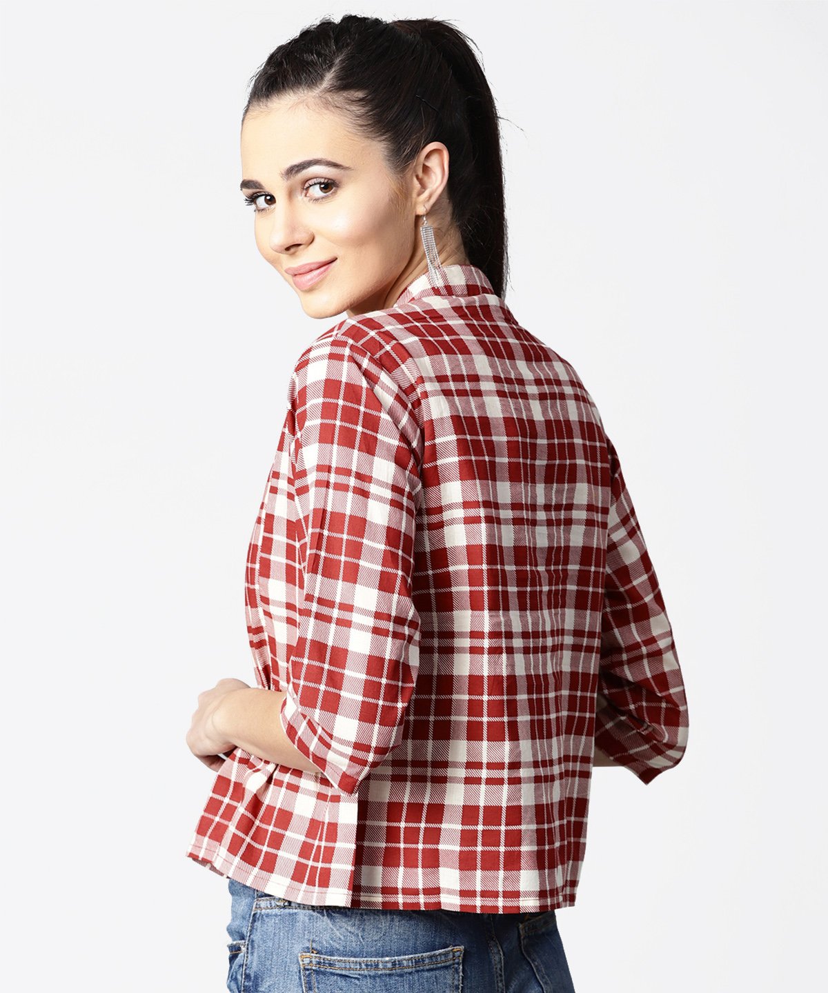 Red Checked 3/4Th Sleeve Cotton Crop Tops | LASVINI - Redefining Indian Fashion with Elegance