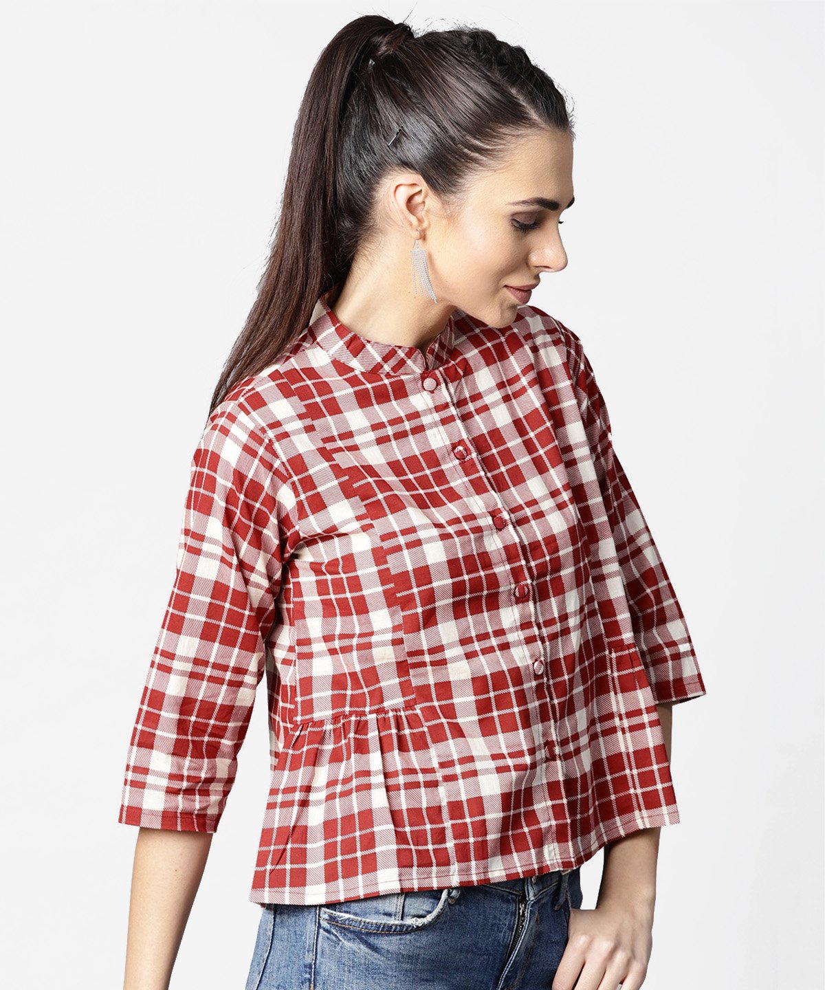 Red Checked 3/4Th Sleeve Cotton Crop Tops | LASVINI - Redefining Indian Fashion with Elegance