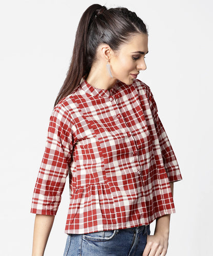 Red Checked 3/4Th Sleeve Cotton Crop Tops | LASVINI - Redefining Indian Fashion with Elegance