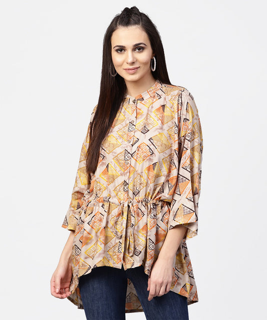 Beige Printed Short Flared Sleeve Rayon Tunic | LASVINI - Redefining Indian Fashion with Elegance