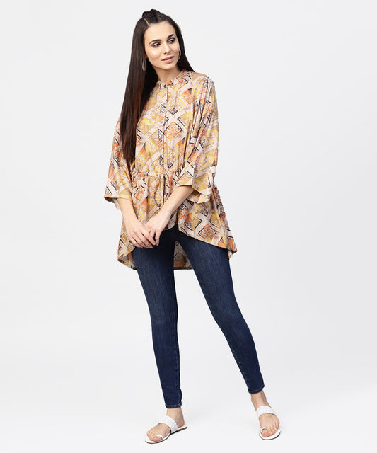 Beige Printed Short Flared Sleeve Rayon Tunic | LASVINI - Redefining Indian Fashion with Elegance