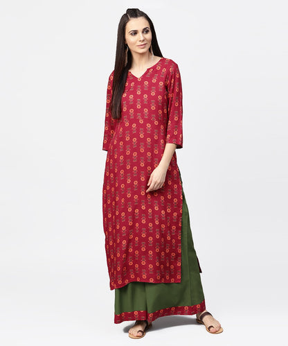 Maroon Printed 3/4Th Sleeve Cotton Kurta With Green Ankle Length Palazzo | LASVINI - Redefining Indian Fashion with Elegance