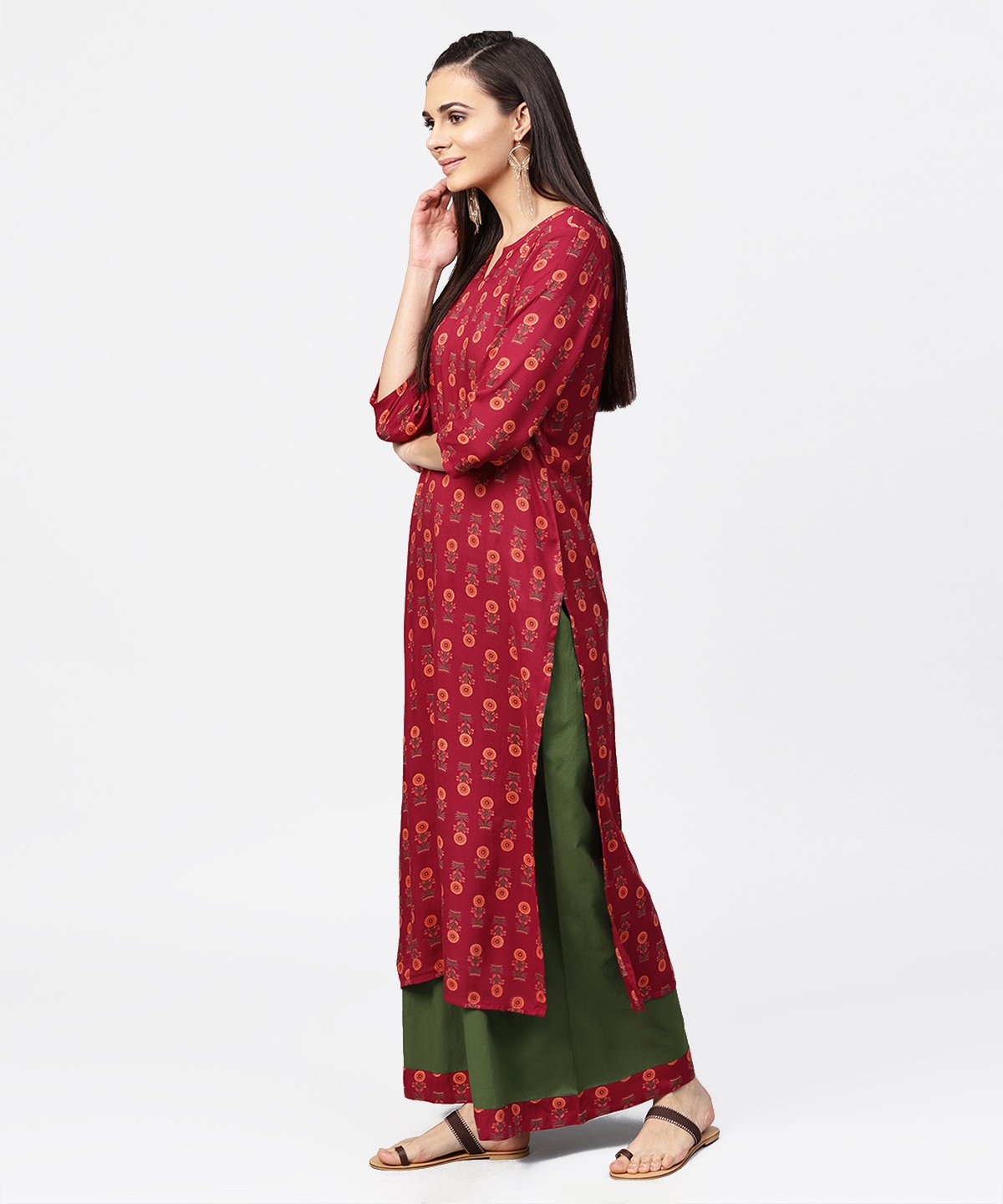 Maroon Printed 3/4Th Sleeve Cotton Kurta With Green Ankle Length Palazzo | LASVINI - Redefining Indian Fashion with Elegance