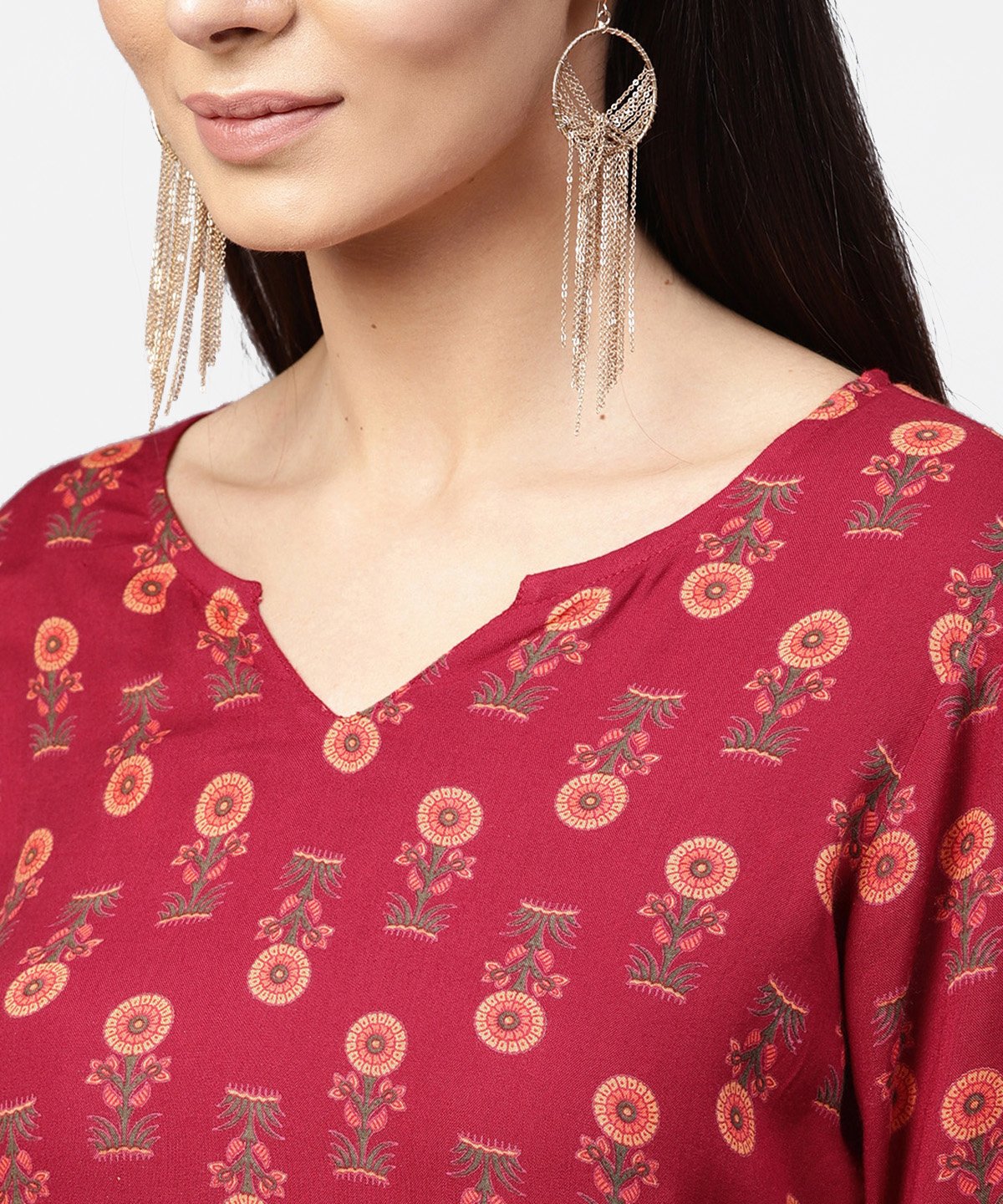 Maroon Printed 3/4Th Sleeve Cotton Kurta With Green Ankle Length Palazzo | LASVINI - Redefining Indian Fashion with Elegance