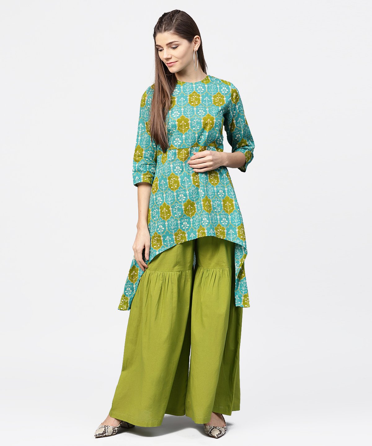 Green Printed 3/4Th Sleeve Cotton High Low Kurta With Green Sharara | LASVINI - Redefining Indian Fashion with Elegance
