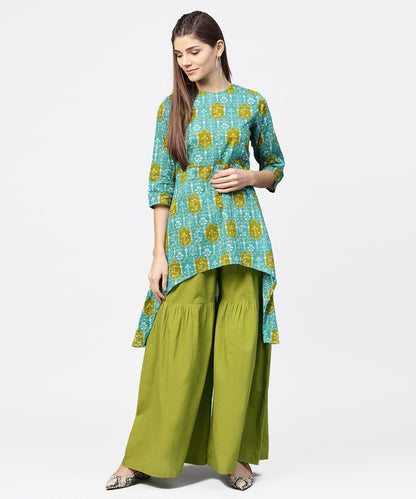 Green Printed 3/4Th Sleeve Cotton High Low Kurta With Green Sharara | LASVINI - Redefining Indian Fashion with Elegance