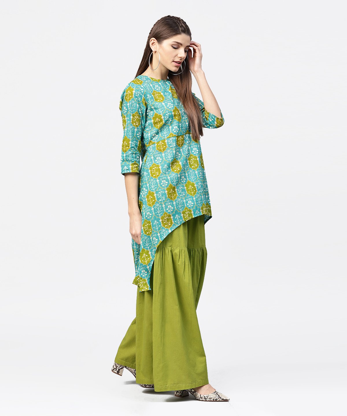 Green Printed 3/4Th Sleeve Cotton High Low Kurta With Green Sharara | LASVINI - Redefining Indian Fashion with Elegance