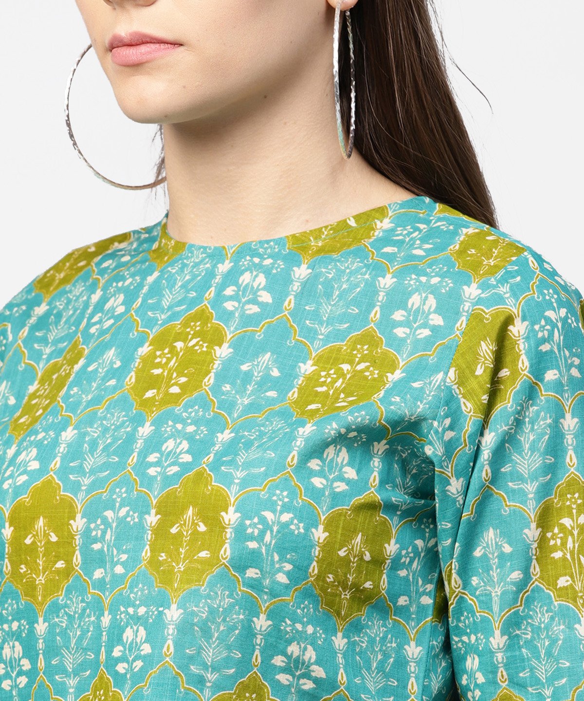 Green Printed 3/4Th Sleeve Cotton High Low Kurta With Green Sharara | LASVINI - Redefining Indian Fashion with Elegance