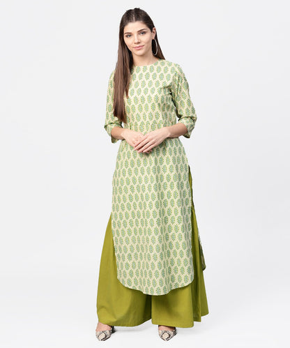 Green Printed 3/4Th Sleeve Cotton Straight Long Kurta | LASVINI - Redefining Indian Fashion with Elegance