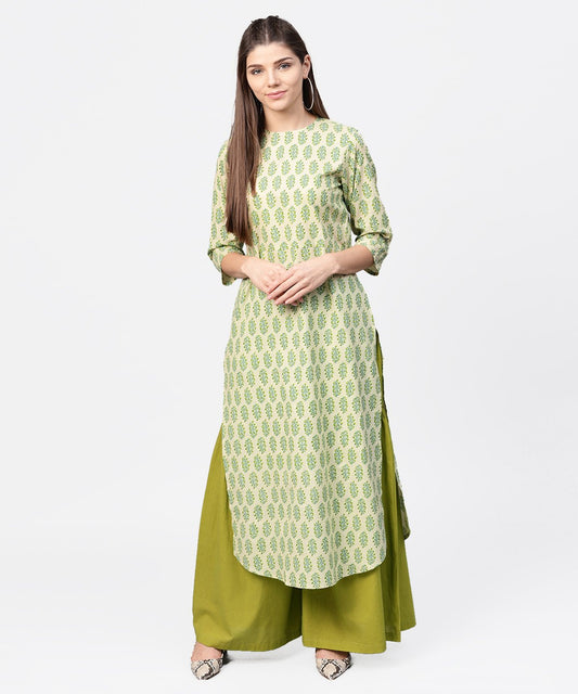 Green Printed 3/4Th Sleeve Cotton Straight Long Kurta | LASVINI - Redefining Indian Fashion with Elegance
