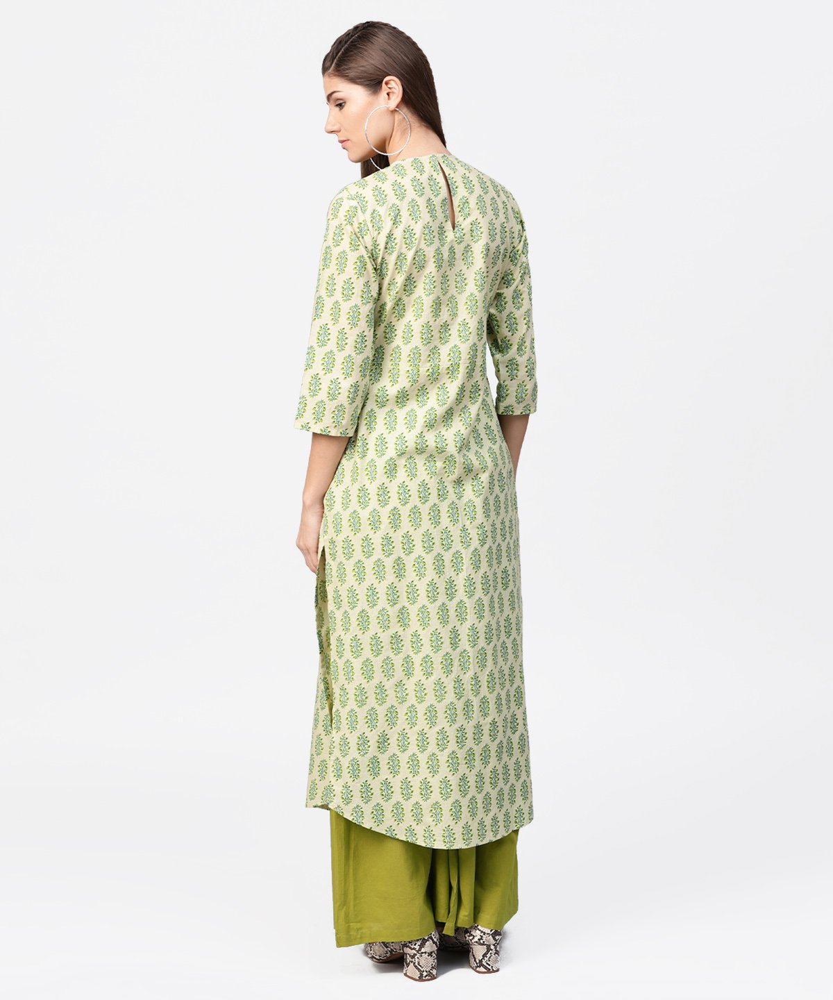 Green Printed 3/4Th Sleeve Cotton Straight Long Kurta | LASVINI - Redefining Indian Fashion with Elegance