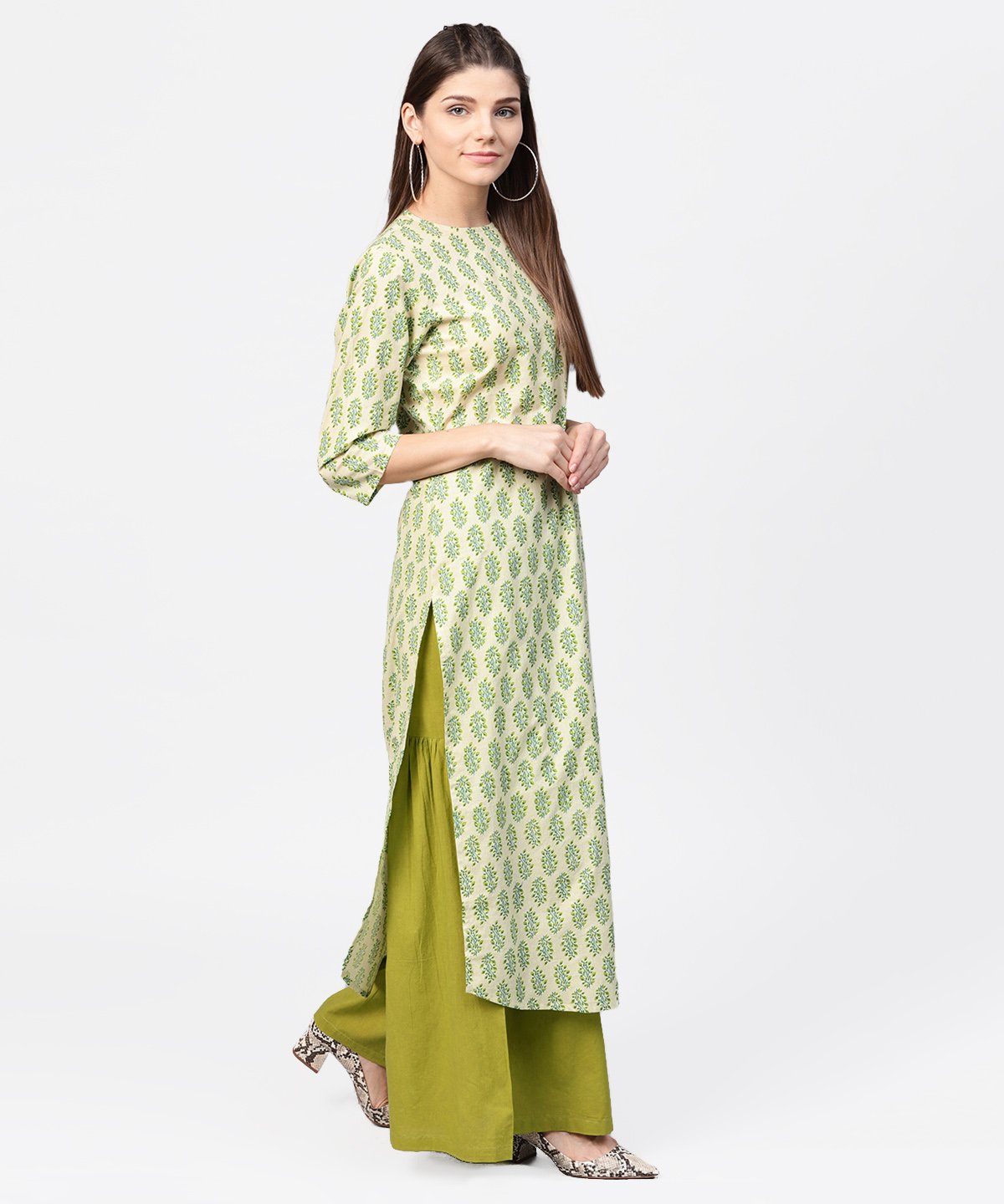 Green Printed 3/4Th Sleeve Cotton Straight Long Kurta | LASVINI - Redefining Indian Fashion with Elegance