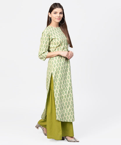 Green Printed 3/4Th Sleeve Cotton Straight Long Kurta | LASVINI - Redefining Indian Fashion with Elegance
