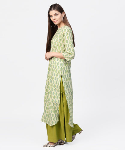 Green Printed 3/4Th Sleeve Cotton Straight Long Kurta | LASVINI - Redefining Indian Fashion with Elegance