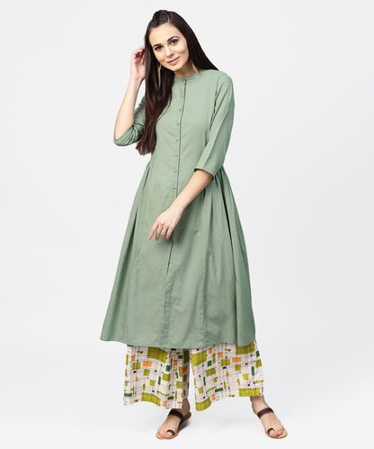 Dark Green Solid 3/4Th Sleeve Cotton A-Line Kurta | LASVINI - Redefining Indian Fashion with Elegance