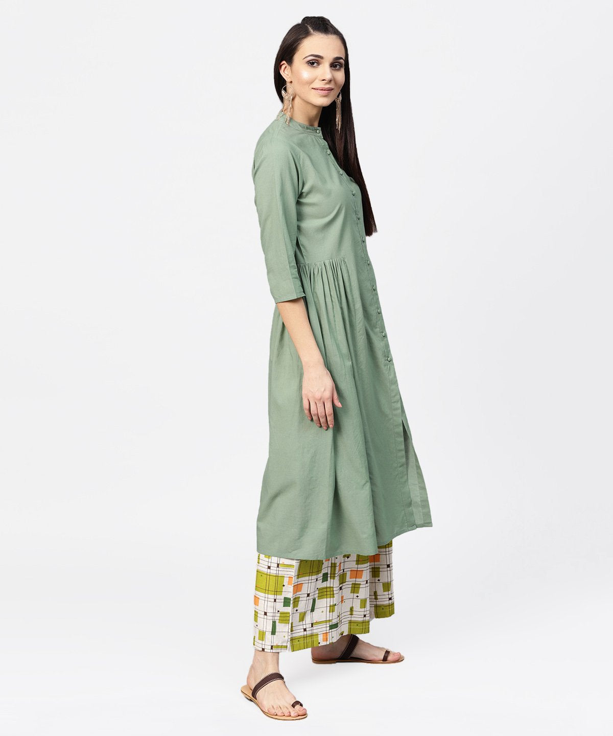 Dark Green Solid 3/4Th Sleeve Cotton A-Line Kurta | LASVINI - Redefining Indian Fashion with Elegance