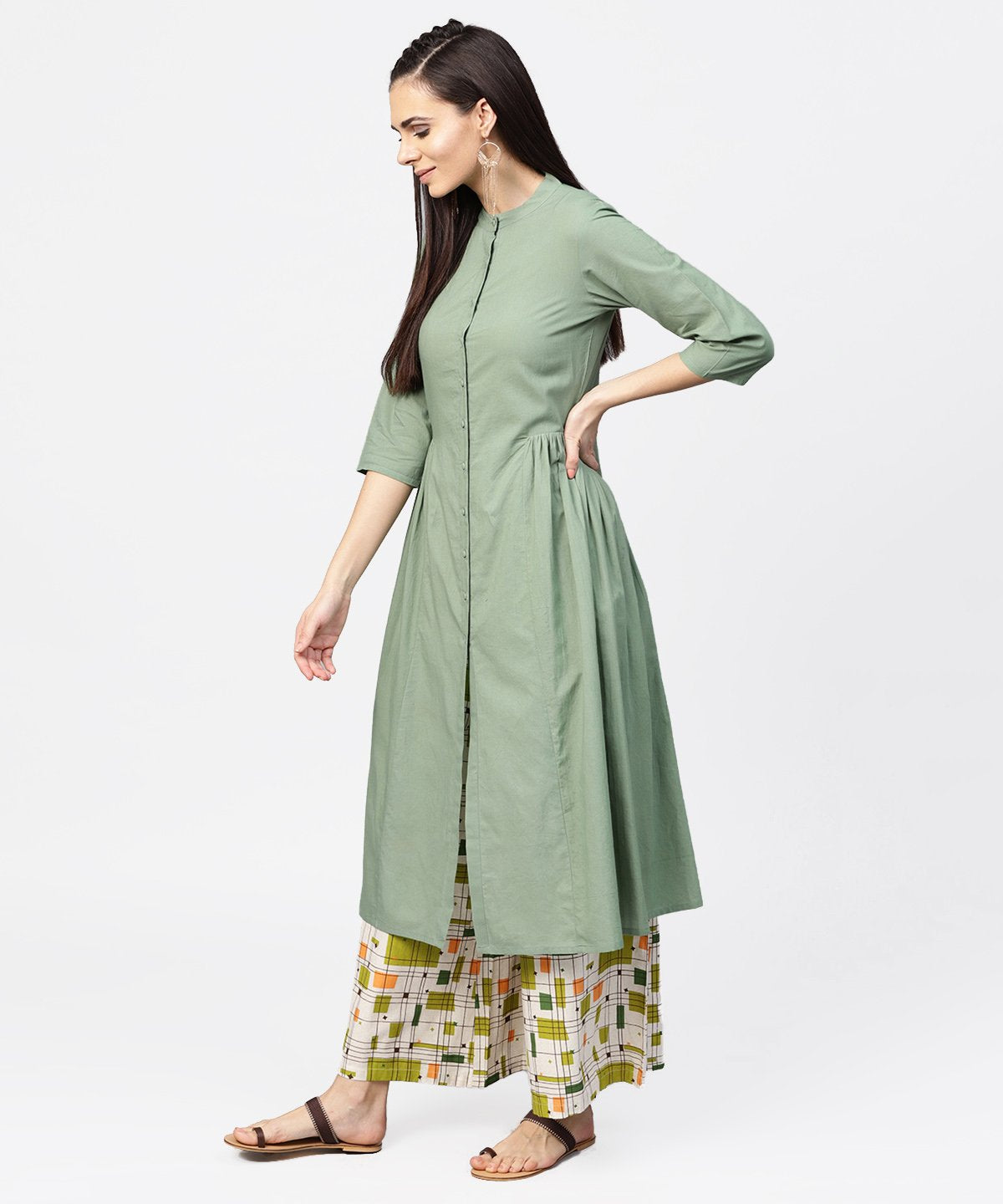 Dark Green Solid 3/4Th Sleeve Cotton A-Line Kurta | LASVINI - Redefining Indian Fashion with Elegance