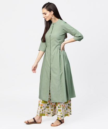 Dark Green Solid 3/4Th Sleeve Cotton A-Line Kurta | LASVINI - Redefining Indian Fashion with Elegance