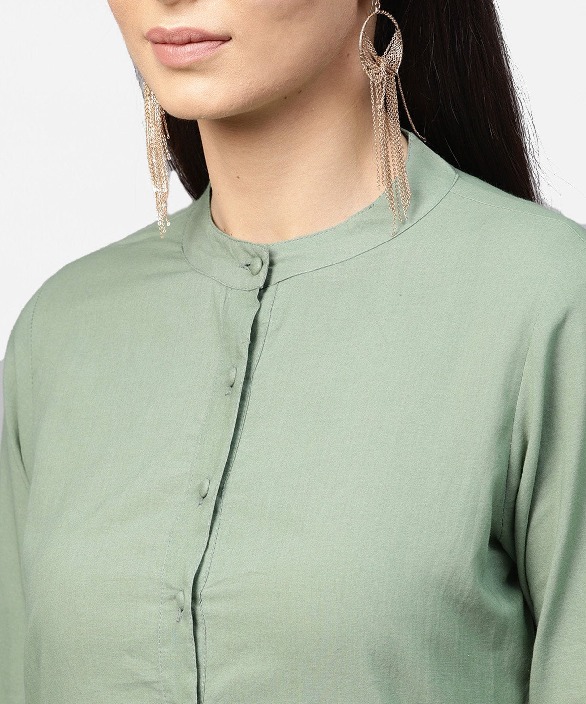 Dark Green Solid 3/4Th Sleeve Cotton A-Line Kurta | LASVINI - Redefining Indian Fashion with Elegance