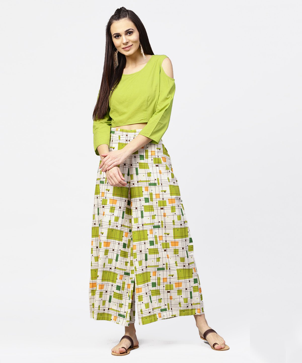 Green 3/4Th Cold Shoulder Sleeve Crop Top With Ankle Length Printed Palazzo | LASVINI - Redefining Indian Fashion with Elegance