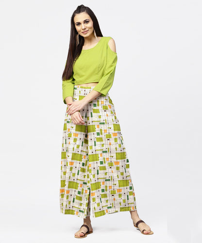 Green 3/4Th Cold Shoulder Sleeve Crop Top With Ankle Length Printed Palazzo | LASVINI - Redefining Indian Fashion with Elegance