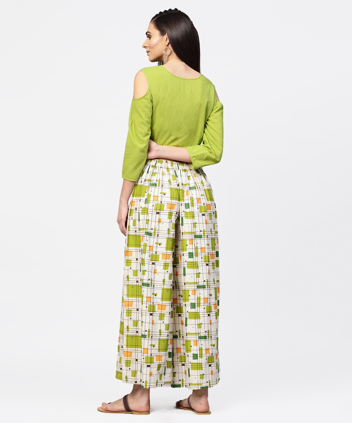 Green 3/4Th Cold Shoulder Sleeve Crop Top With Ankle Length Printed Palazzo | LASVINI - Redefining Indian Fashion with Elegance