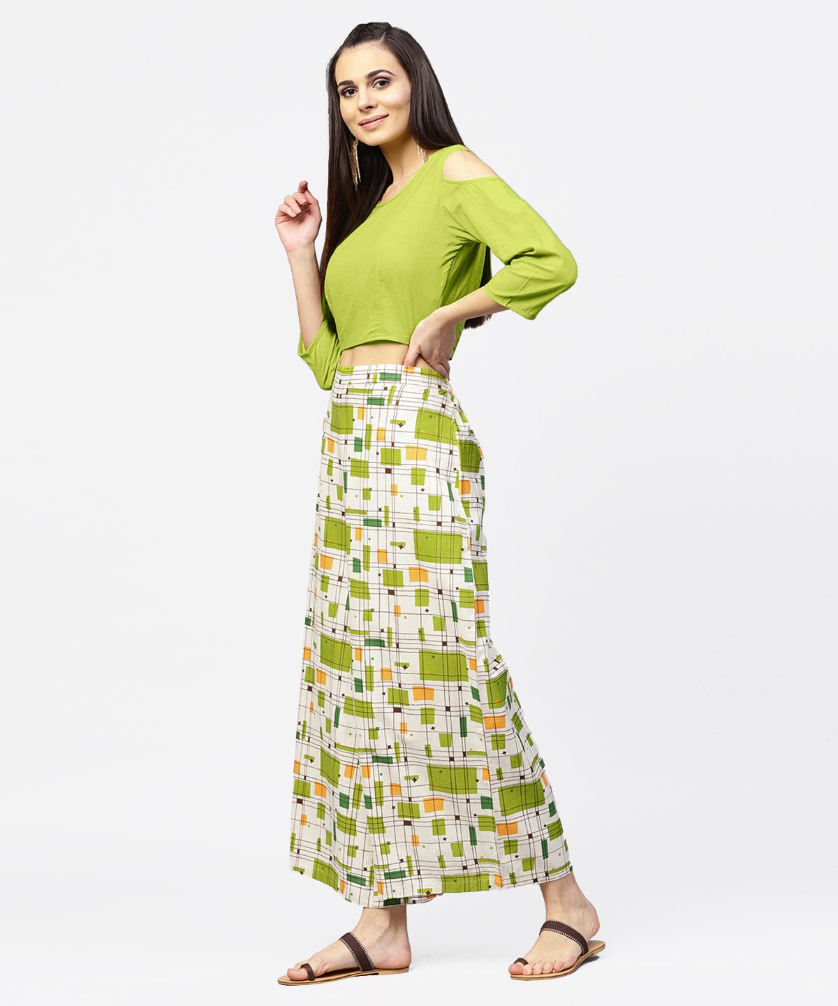 Green 3/4Th Cold Shoulder Sleeve Crop Top With Ankle Length Printed Palazzo | LASVINI - Redefining Indian Fashion with Elegance