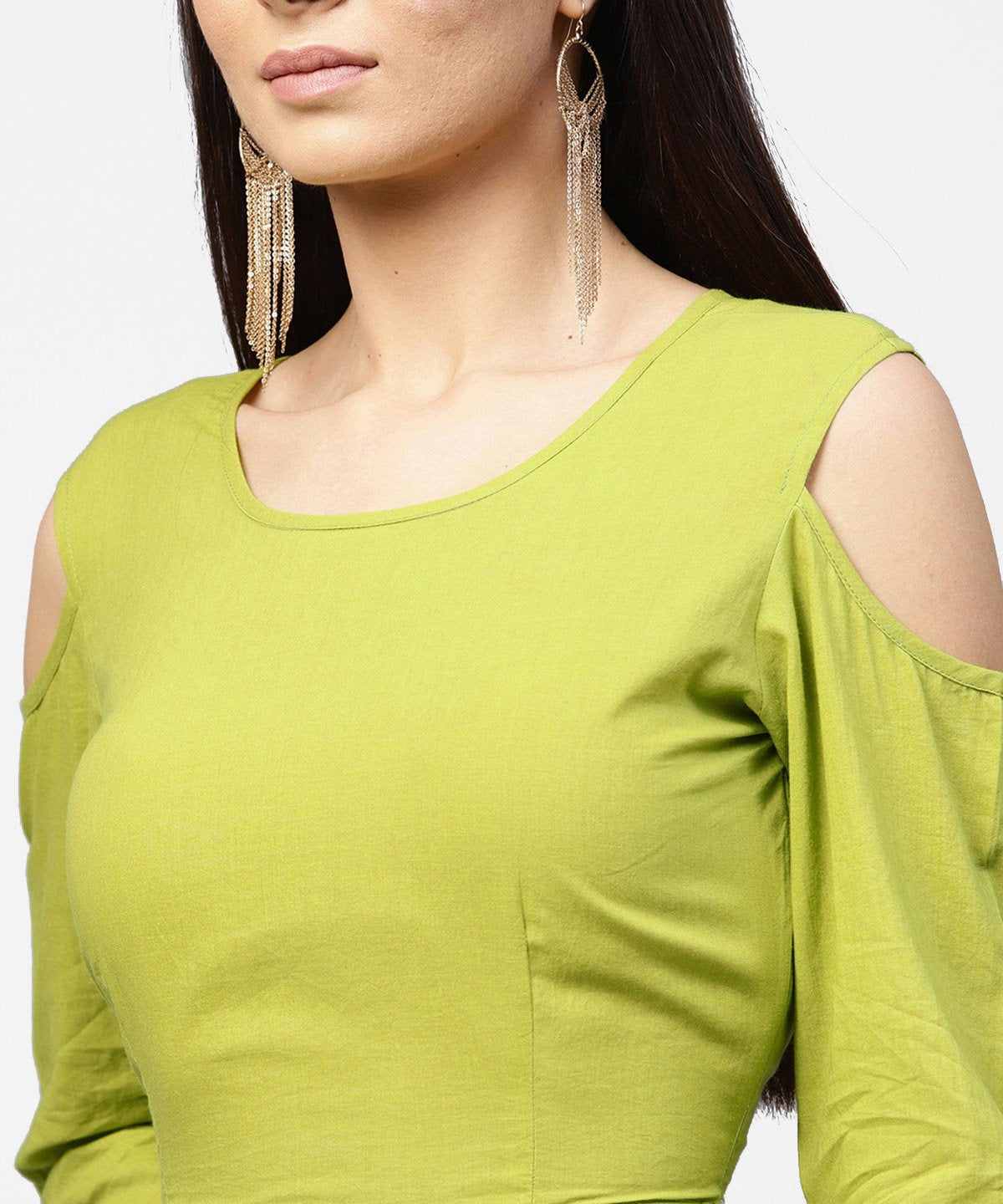 Green 3/4Th Cold Shoulder Sleeve Crop Top With Ankle Length Printed Palazzo | LASVINI - Redefining Indian Fashion with Elegance