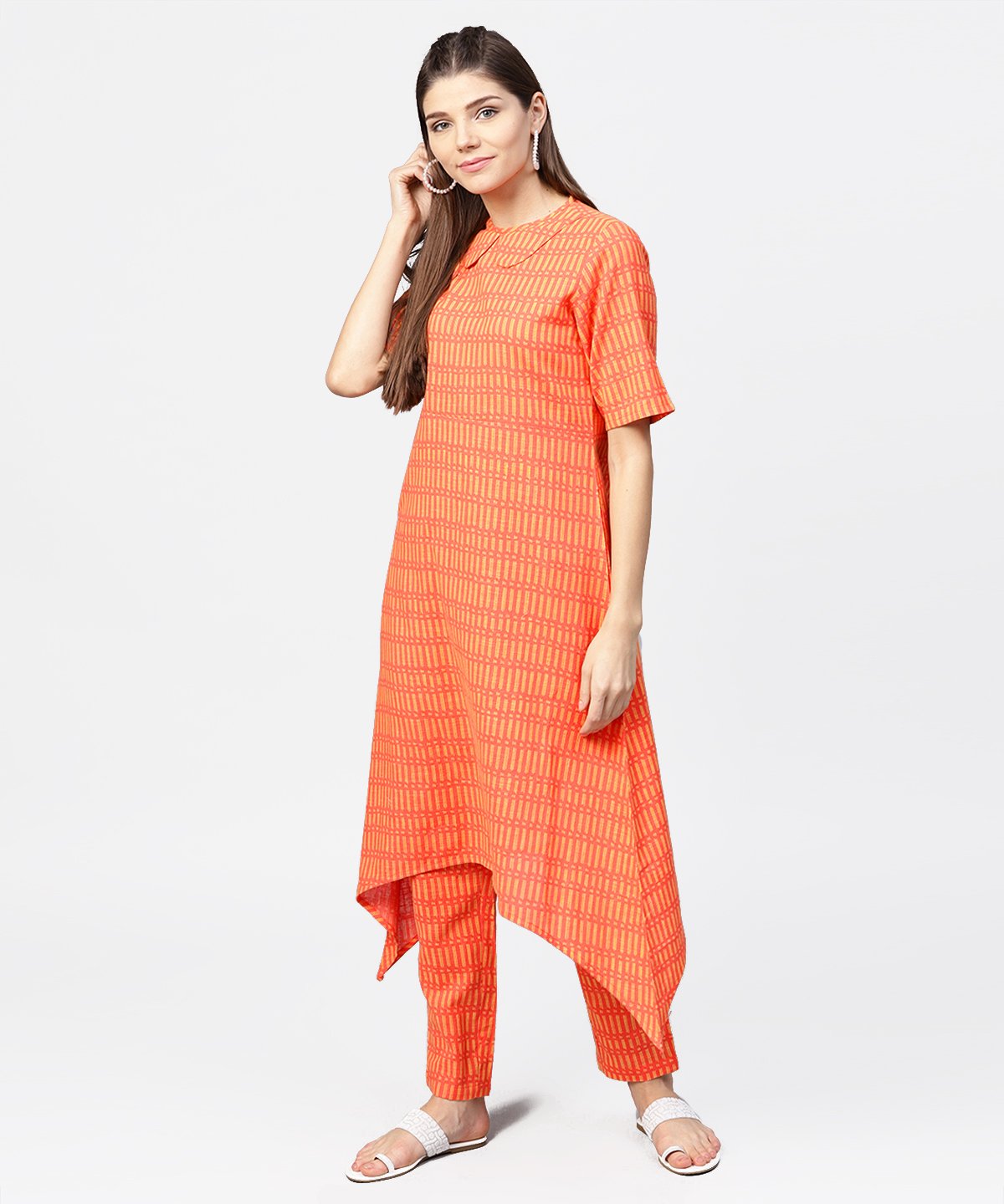 Peach Half Sleeve Cotton Assymetric Kurta With Ankle Length Pant | LASVINI - Redefining Indian Fashion with Elegance