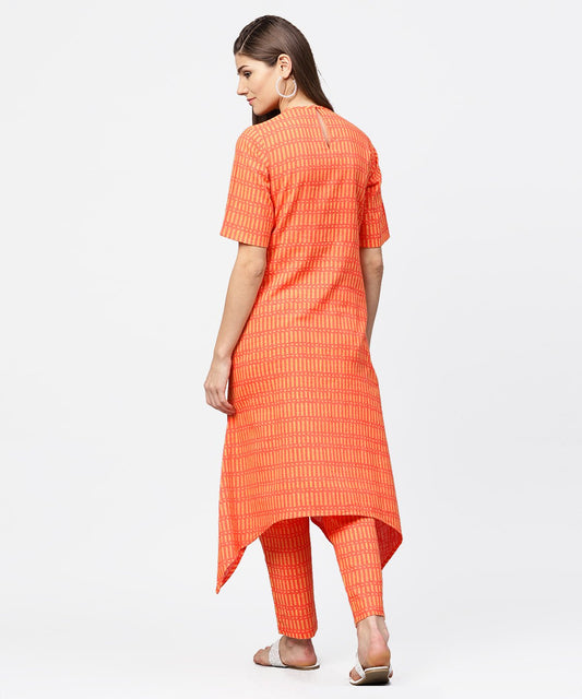 Peach Half Sleeve Cotton Assymetric Kurta With Ankle Length Pant | LASVINI - Redefining Indian Fashion with Elegance