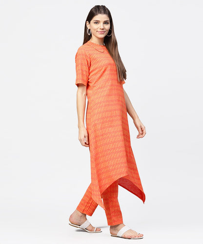 Peach Half Sleeve Cotton Assymetric Kurta With Ankle Length Pant | LASVINI - Redefining Indian Fashion with Elegance