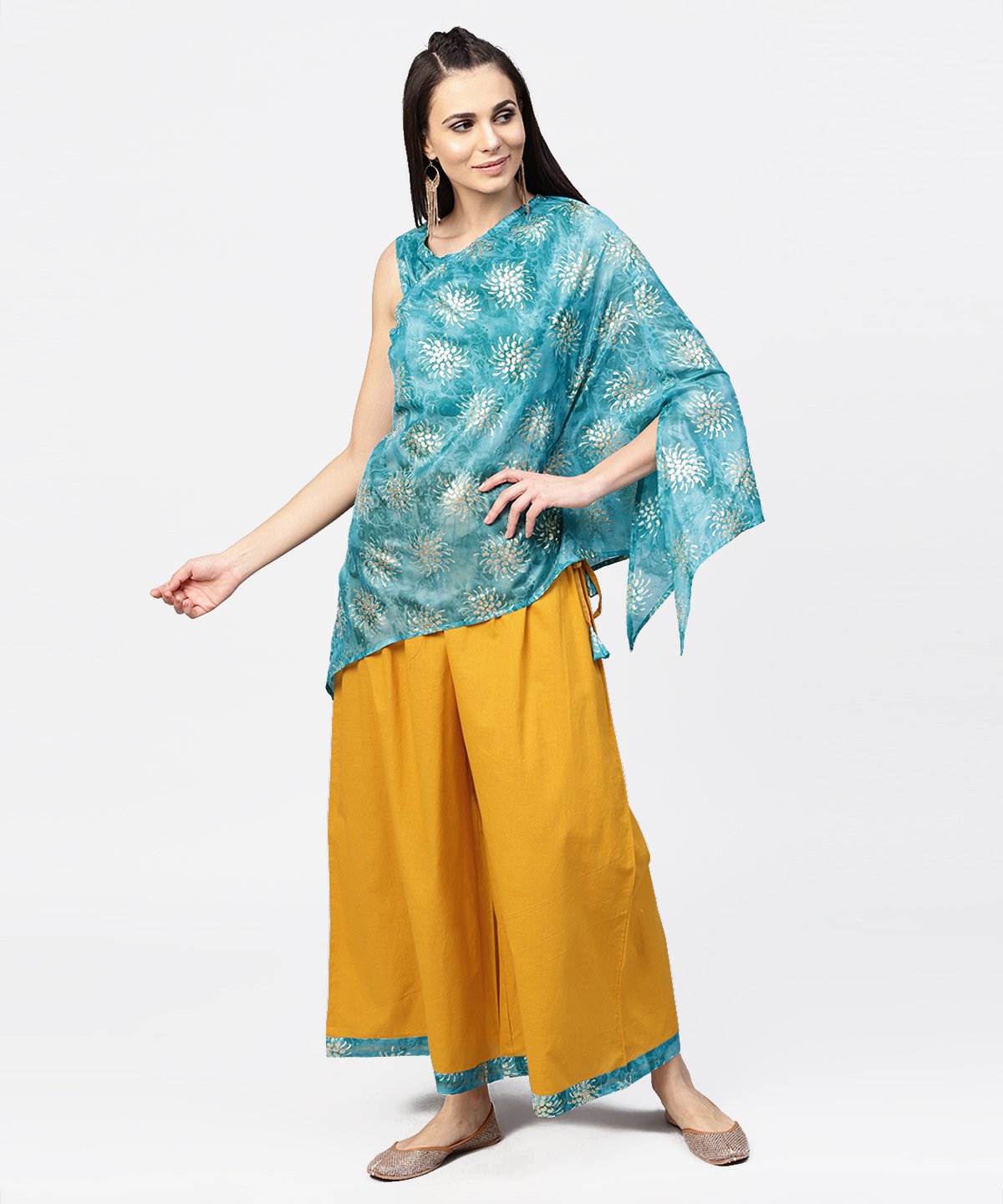 Blue Boho Poncho Style Tops With Yellow Ankle Length Palazzo | LASVINI - Redefining Indian Fashion with Elegance