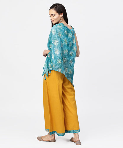 Blue Boho Poncho Style Tops With Yellow Ankle Length Palazzo | LASVINI - Redefining Indian Fashion with Elegance