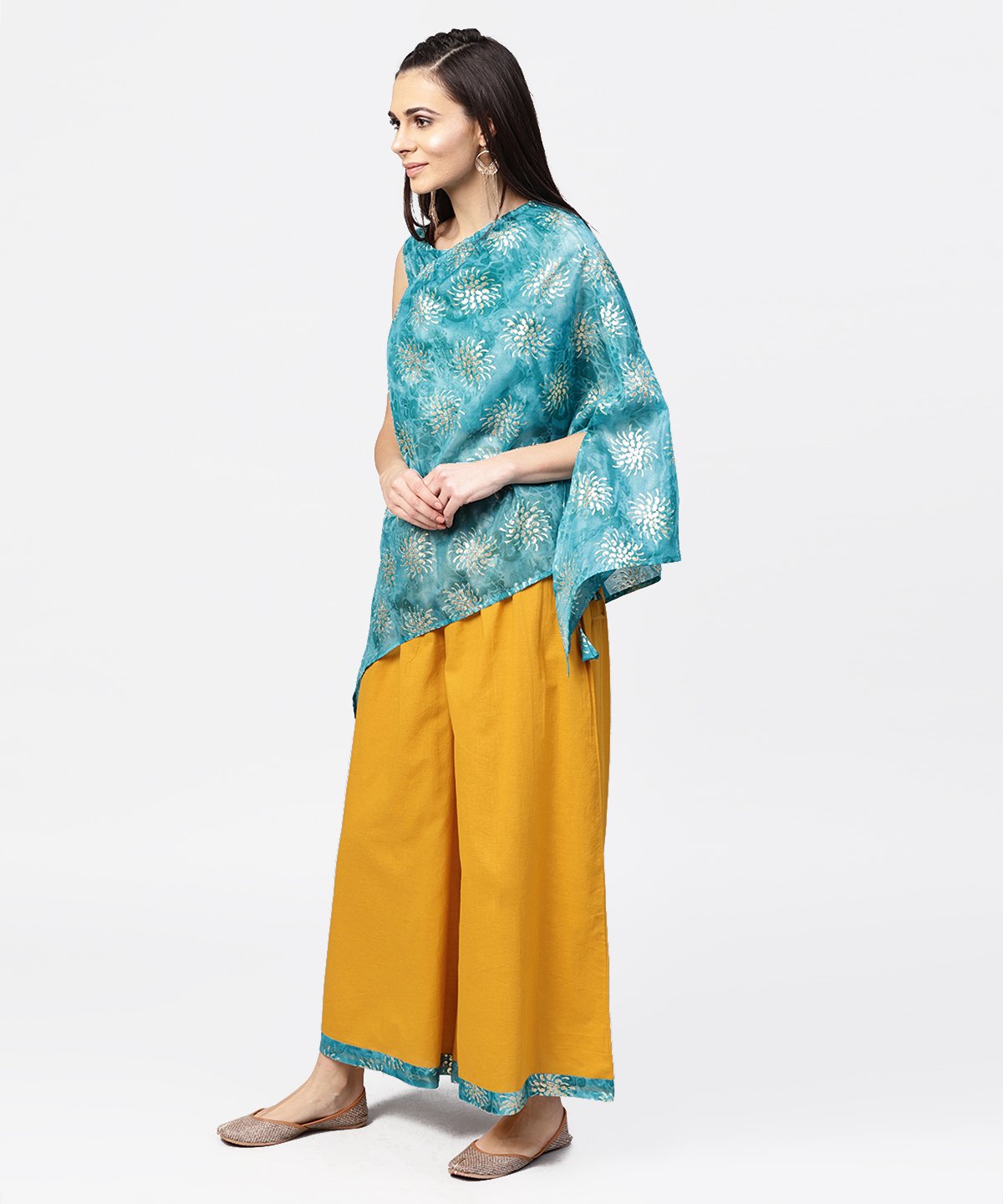 Blue Boho Poncho Style Tops With Yellow Ankle Length Palazzo | LASVINI - Redefining Indian Fashion with Elegance