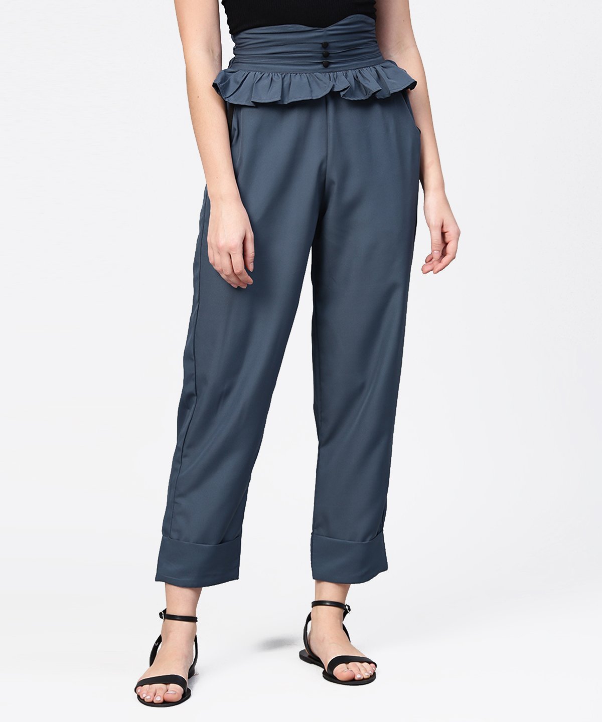 Solid Grey Ankle Length Straight Trouser | LASVINI - Redefining Indian Fashion with Elegance