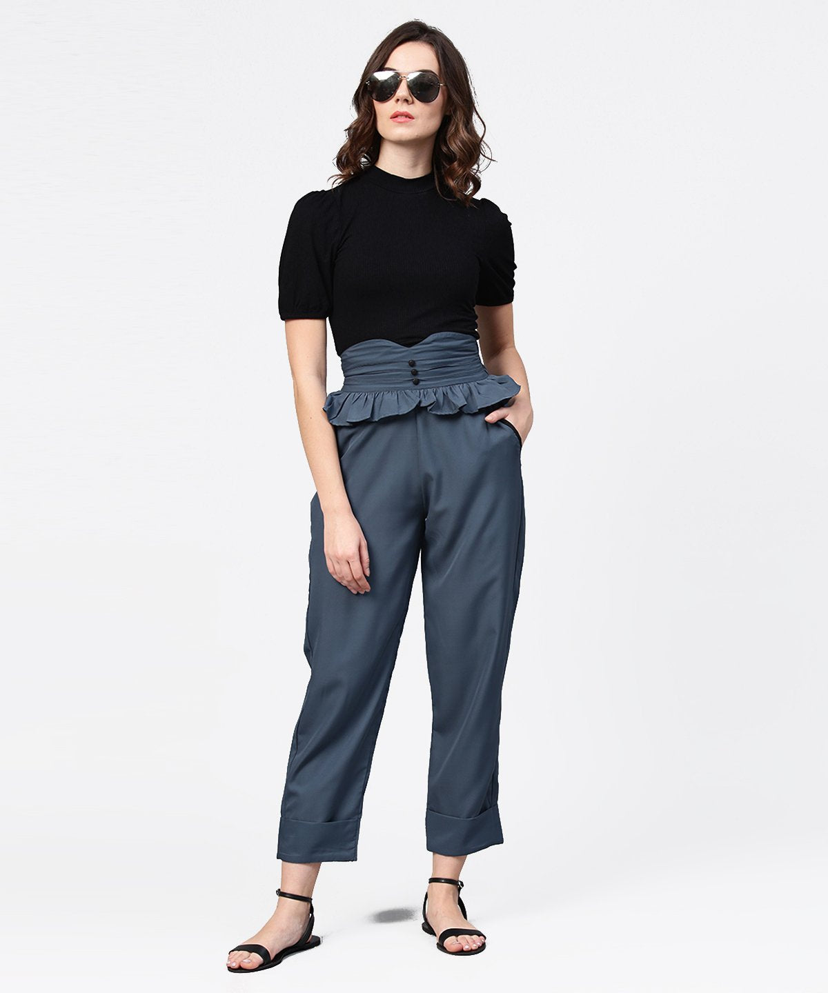 Solid Grey Ankle Length Straight Trouser | LASVINI - Redefining Indian Fashion with Elegance