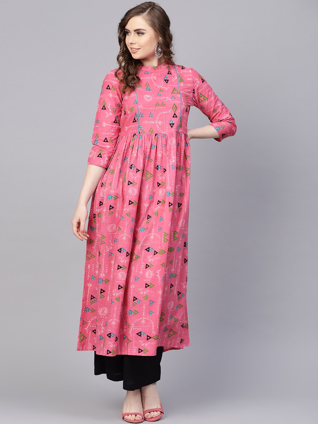 Pink Tribal Printed Kurta With Roll Collar & 3/4 Sleeves | LASVINI - Redefining Indian Fashion with Elegance