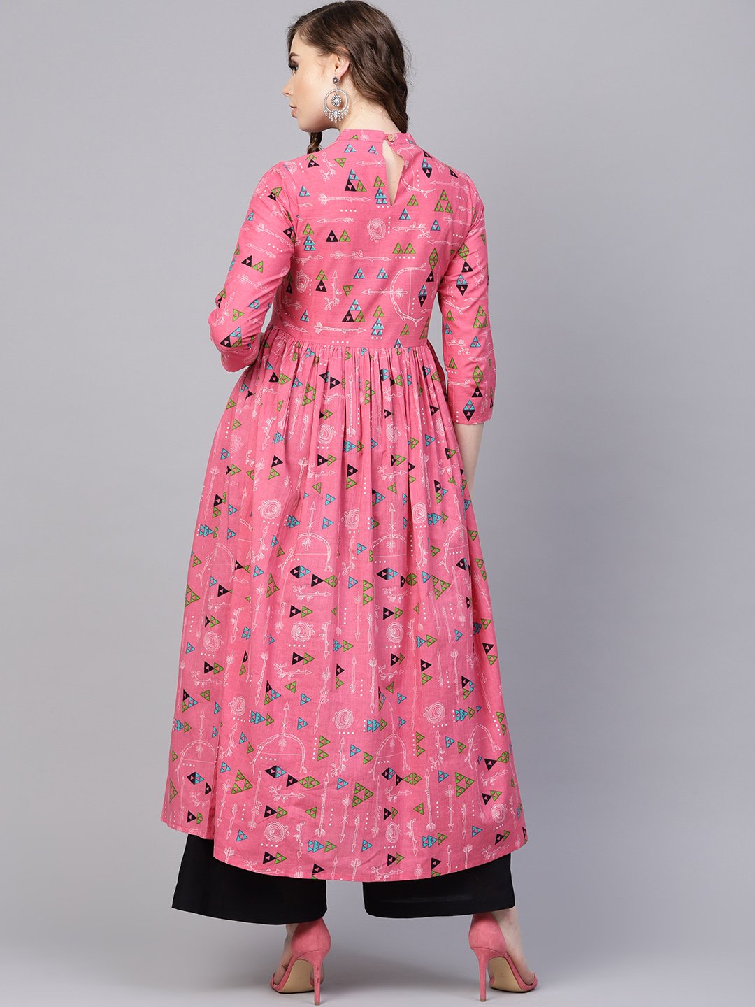 Pink Tribal Printed Kurta With Roll Collar & 3/4 Sleeves | LASVINI - Redefining Indian Fashion with Elegance