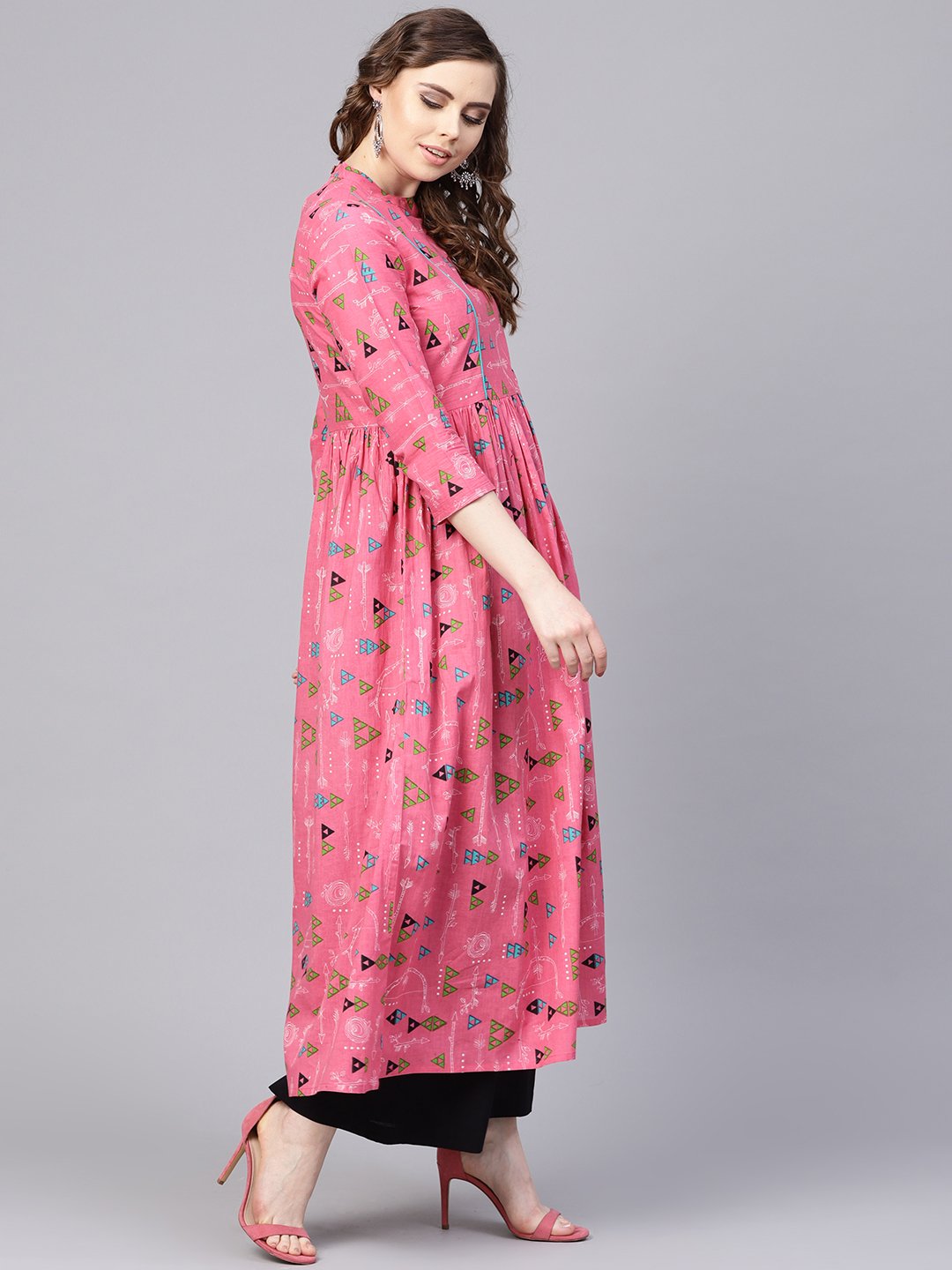 Pink Tribal Printed Kurta With Roll Collar & 3/4 Sleeves | LASVINI - Redefining Indian Fashion with Elegance