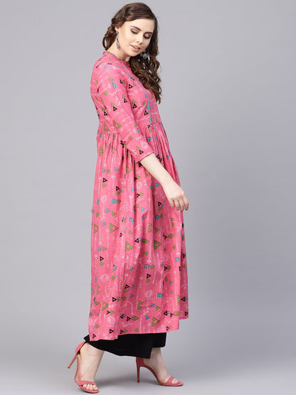 Pink Tribal Printed Kurta With Roll Collar & 3/4 Sleeves | LASVINI - Redefining Indian Fashion with Elegance