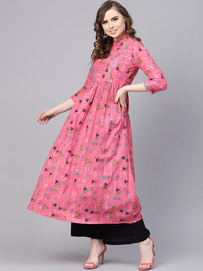 Pink Tribal Printed Kurta With Roll Collar & 3/4 Sleeves | LASVINI - Redefining Indian Fashion with Elegance