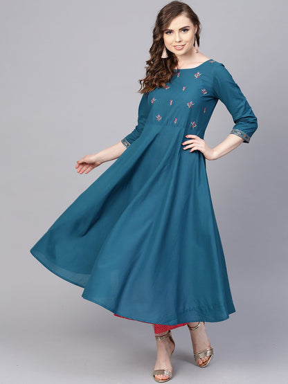 Teal Blue Embroidered Kurta With Round Neck & 3/4 Sleeves | LASVINI - Redefining Indian Fashion with Elegance