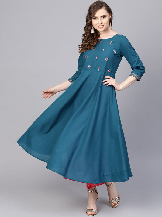 Teal Blue Embroidered Kurta With Round Neck & 3/4 Sleeves | LASVINI - Redefining Indian Fashion with Elegance