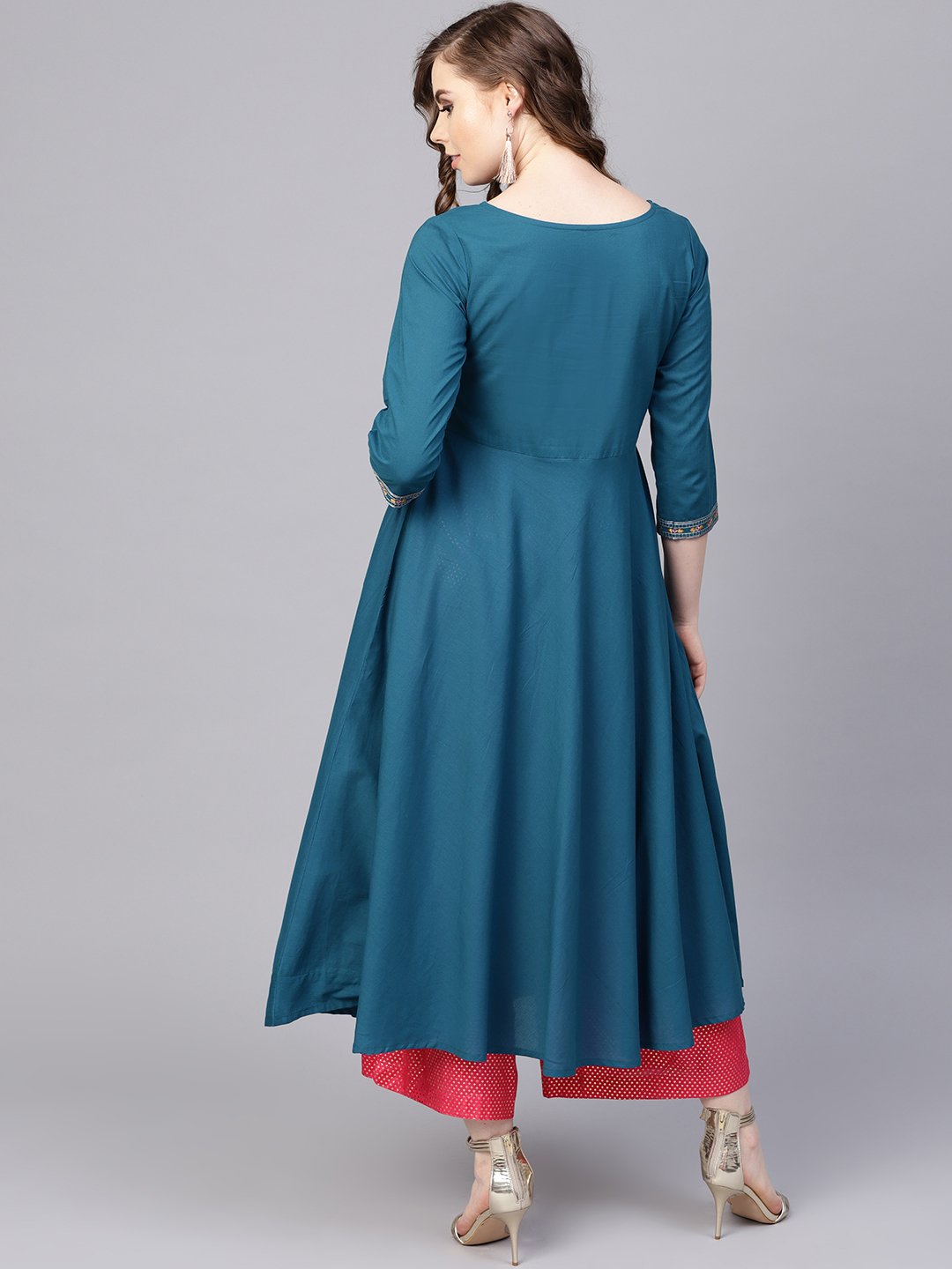 Teal Blue Embroidered Kurta With Round Neck & 3/4 Sleeves | LASVINI - Redefining Indian Fashion with Elegance