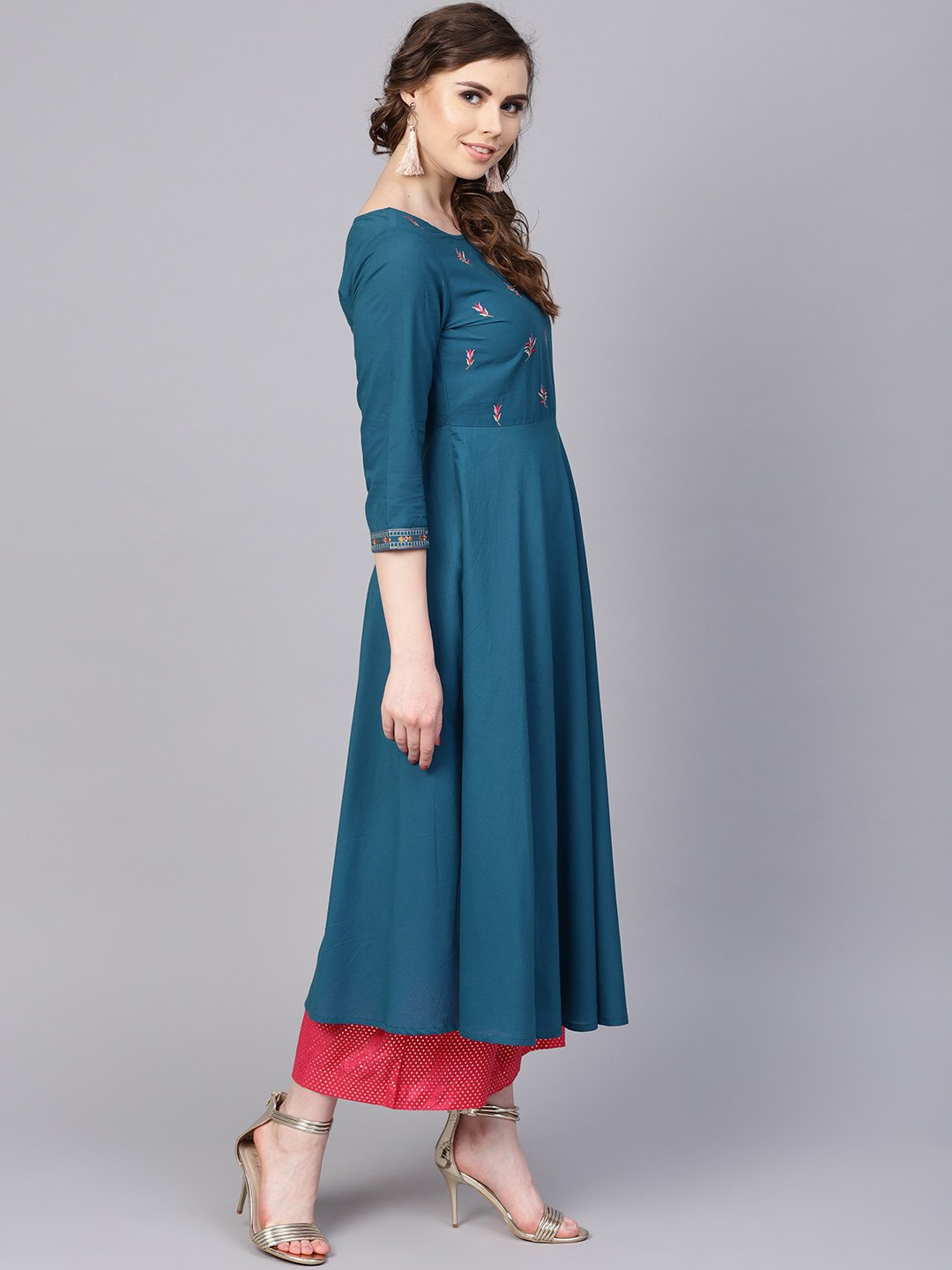 Teal Blue Embroidered Kurta With Round Neck & 3/4 Sleeves | LASVINI - Redefining Indian Fashion with Elegance
