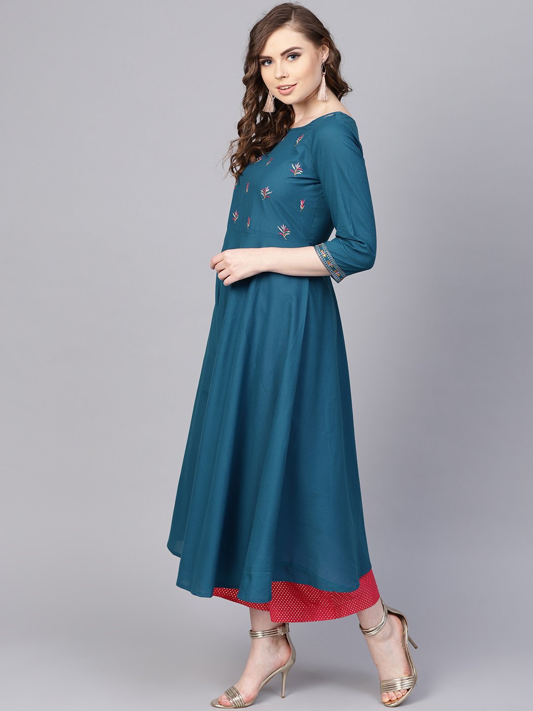 Teal Blue Embroidered Kurta With Round Neck & 3/4 Sleeves | LASVINI - Redefining Indian Fashion with Elegance
