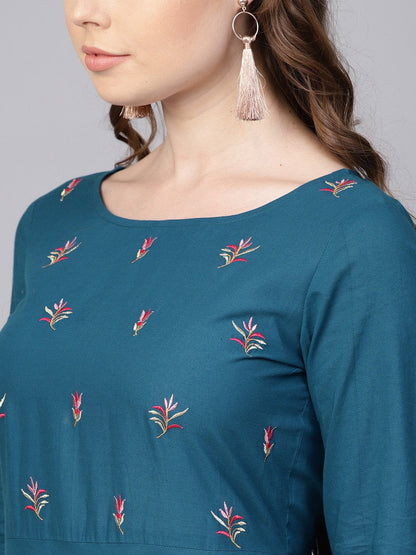 Teal Blue Embroidered Kurta With Round Neck & 3/4 Sleeves | LASVINI - Redefining Indian Fashion with Elegance