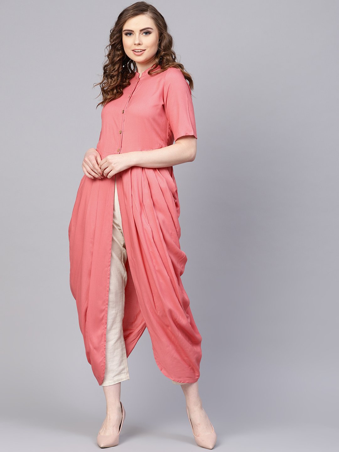 Pink Rayon Half Sleeves Cowl Kurta With Front Placket & Madarin Collar | LASVINI - Redefining Indian Fashion with Elegance