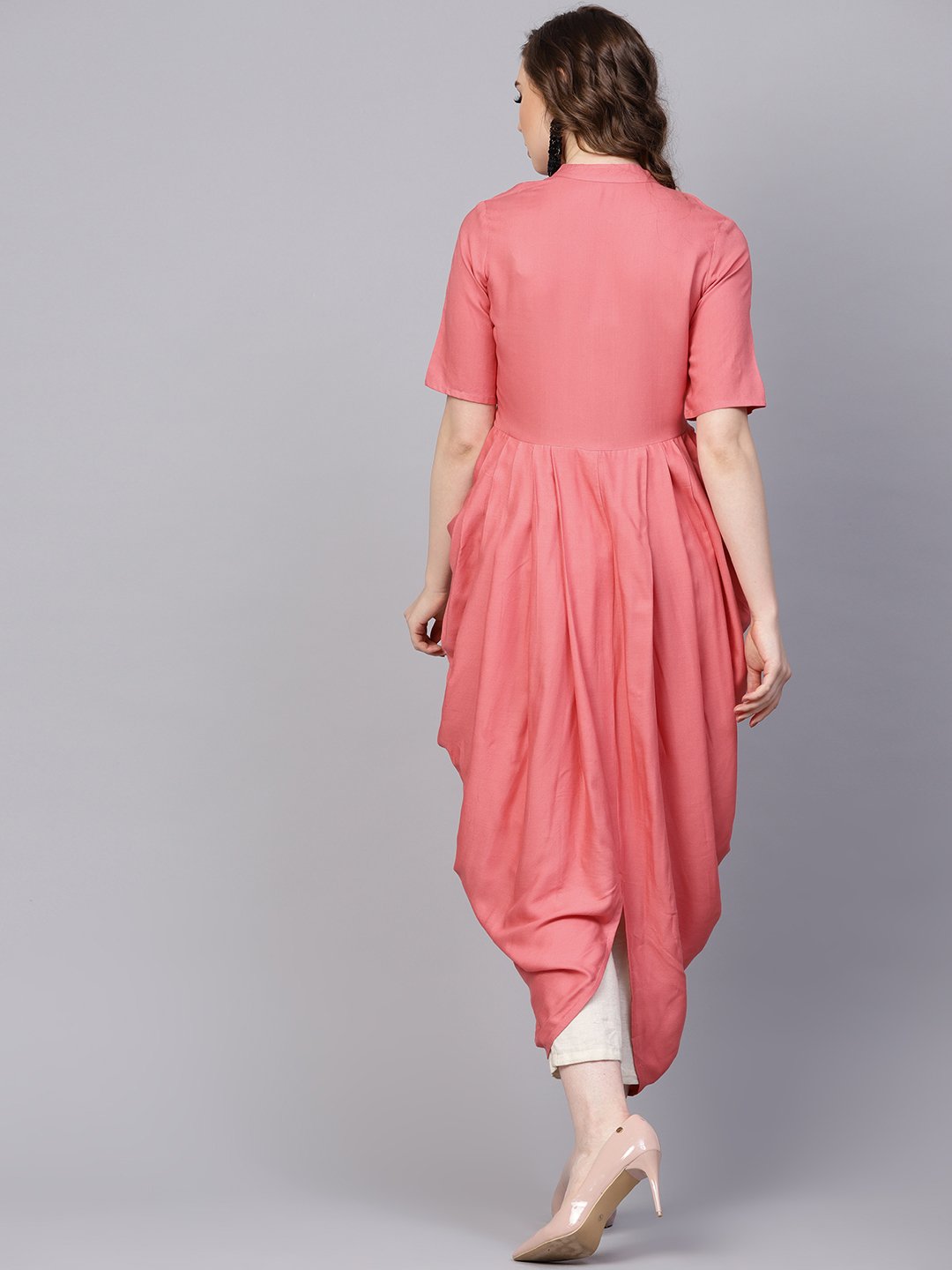 Pink Rayon Half Sleeves Cowl Kurta With Front Placket & Madarin Collar | LASVINI - Redefining Indian Fashion with Elegance